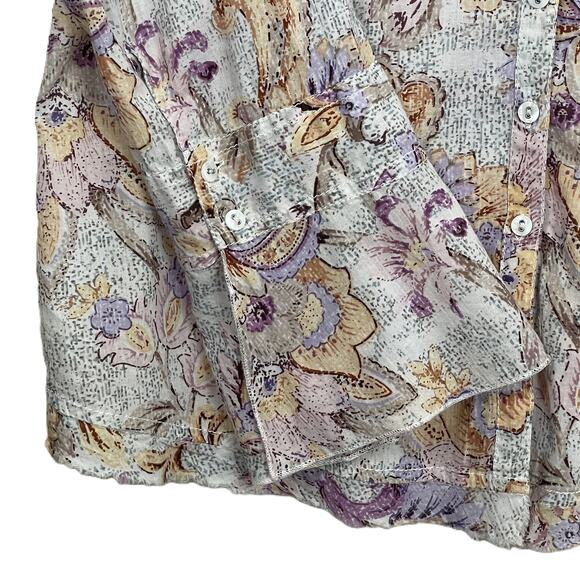 Cino Ruffle Front Blouse Floral Print Button Down Velvet Tie Size L - Picture 11 of 14